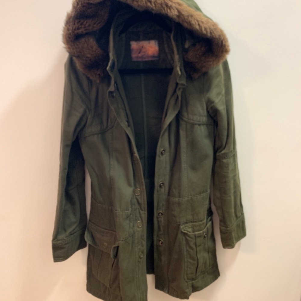 Coat w/ Fur-lined Hoodie